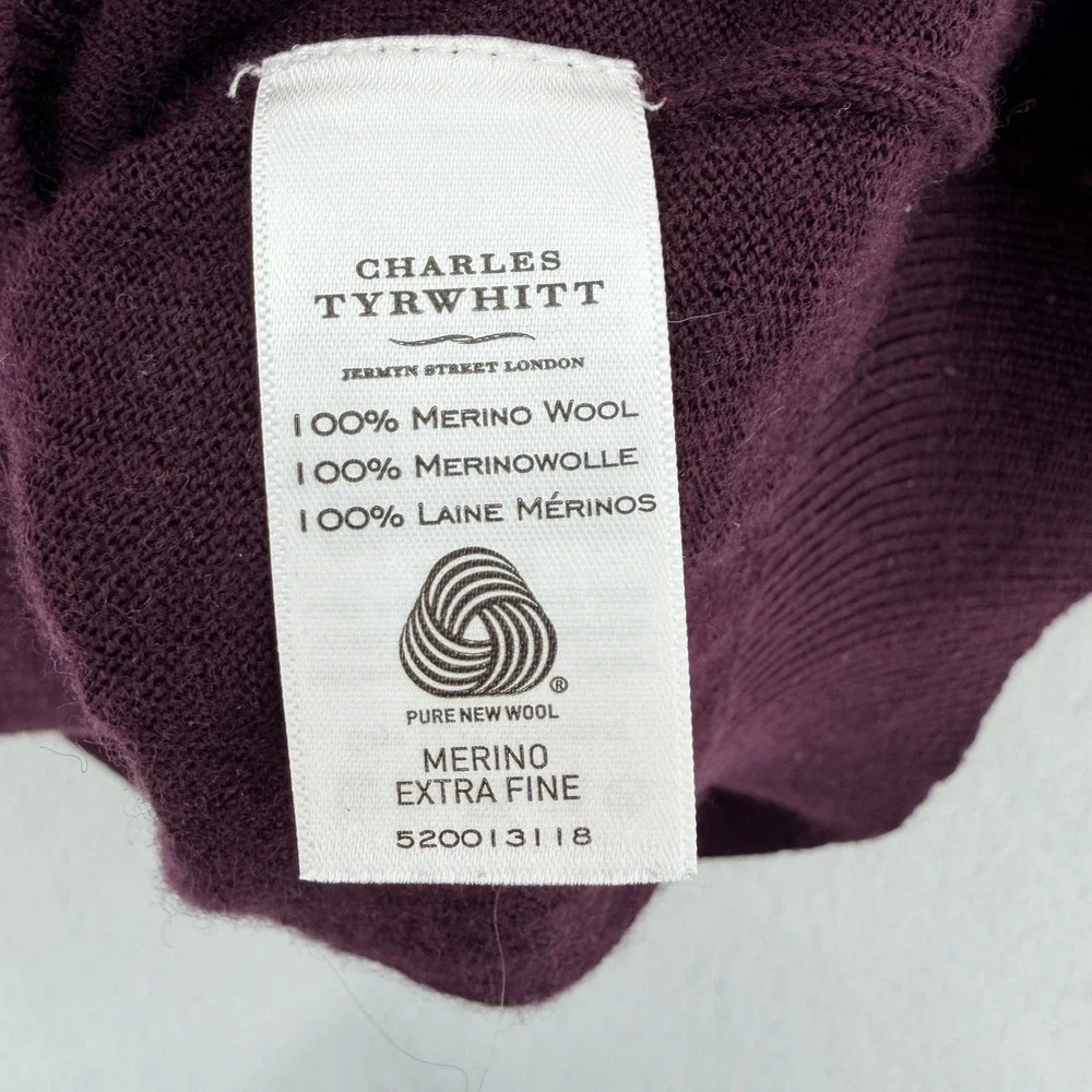 Charles Tyrwhitt Men M Extra Fine Merino Wool Long Sleeve Polo Sweater Plum Soft